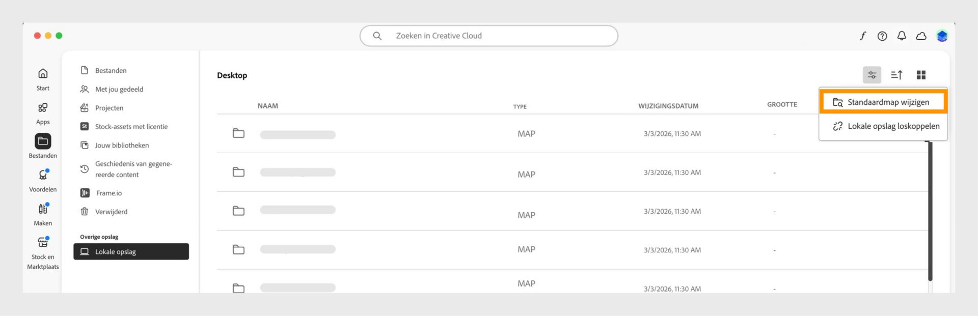 Creative Cloud desktop-app met de weergave Lokale opslag waarin de menuoptie is gemarkeerd om de standaardmap te wijzigen.