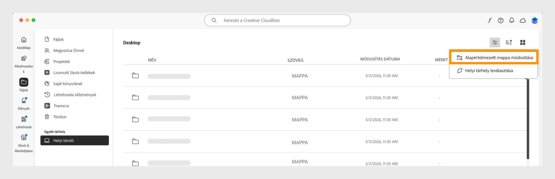 A Creative Cloud asztali alkalmazás Helyi tárhely nézetével, ahol a menüopció ki van emelve az alapértelmezett mappa módosításához.