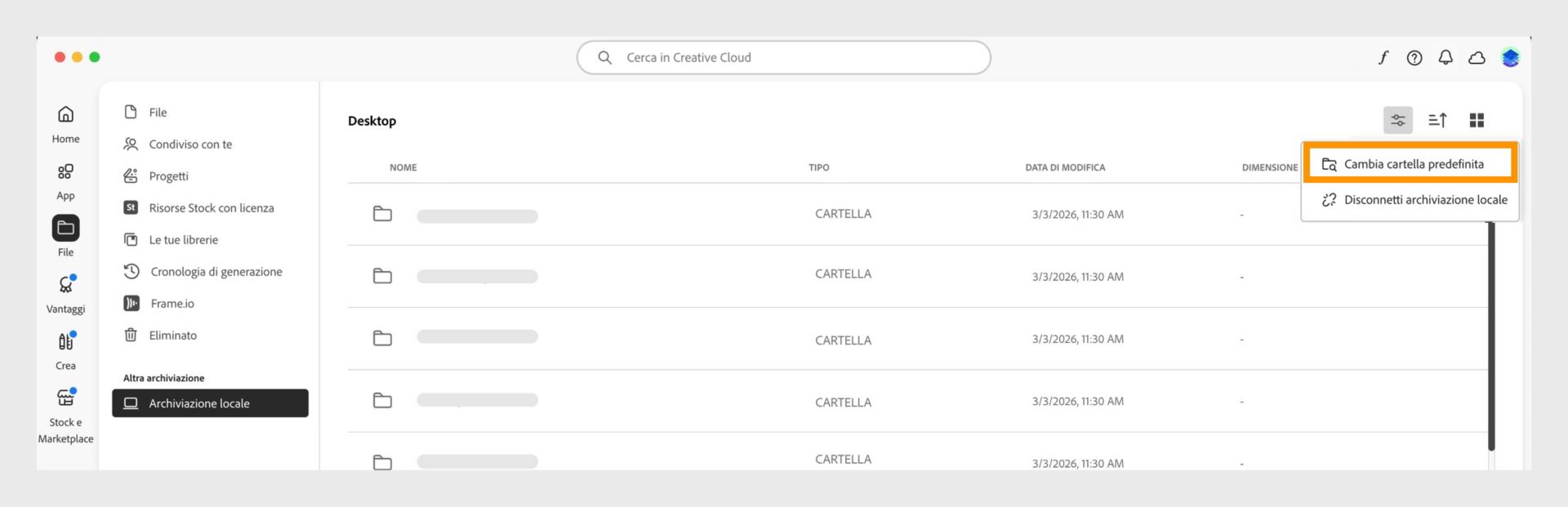 Applicazione Creative Cloud che mostra la vista Archiviazione locale con l'opzione del menu evidenziata per cambiare la cartella predefinita.