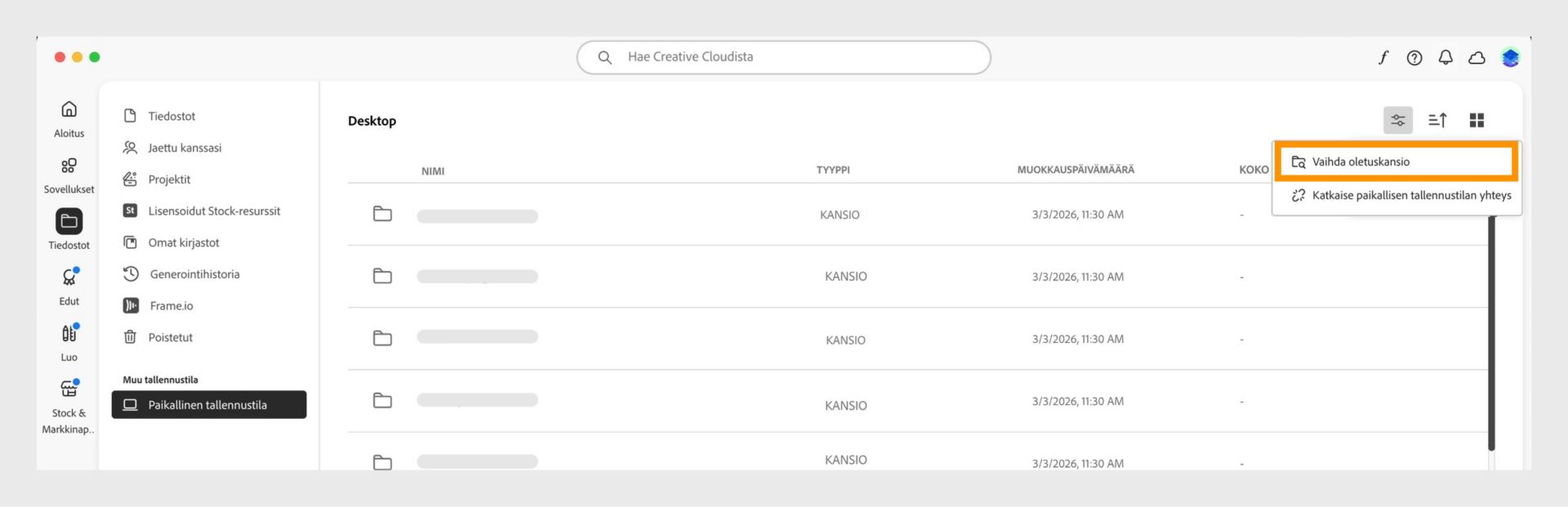 Creative Cloud -tietokonesovelluksen paikallisen tallennustilan näkymä, jossa oletuskansion muuttamista koskeva valikkovaihtoehto on korostettu.