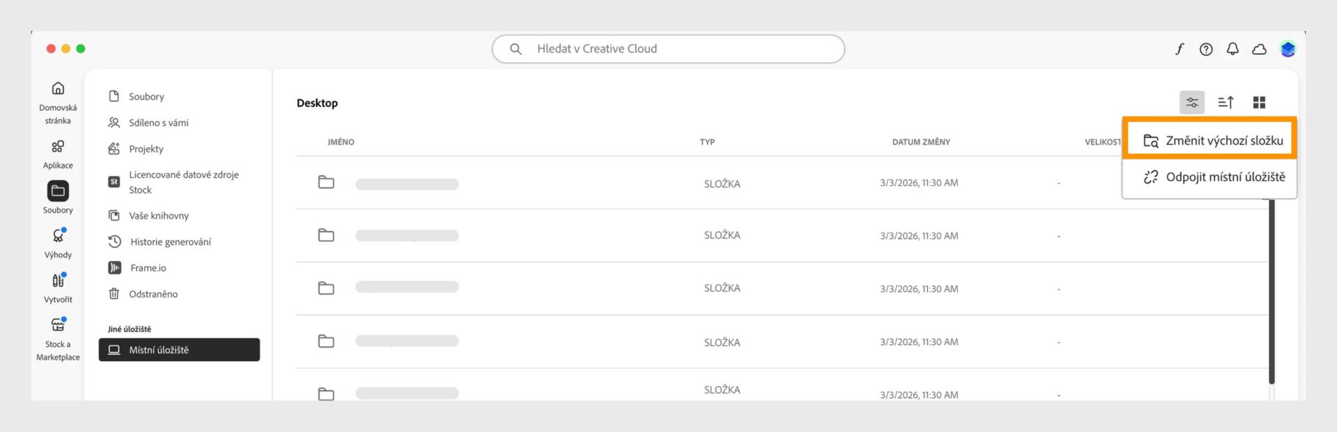 Aplikace Creative Cloud pro počítače zobrazující zobrazení místního úložiště se zvýrazněnou možností nabídky pro změnu výchozí složky.