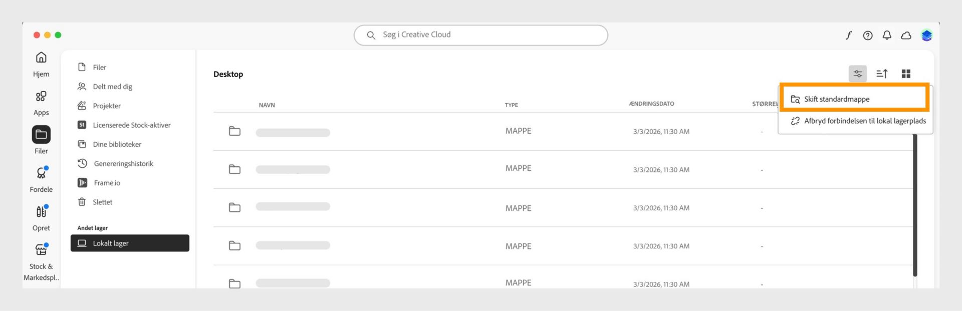 Creative Cloud-computerappen, der viser visningen Lokal lagring med menuvalgmuligheden fremhævet for at ændre standardmappen.