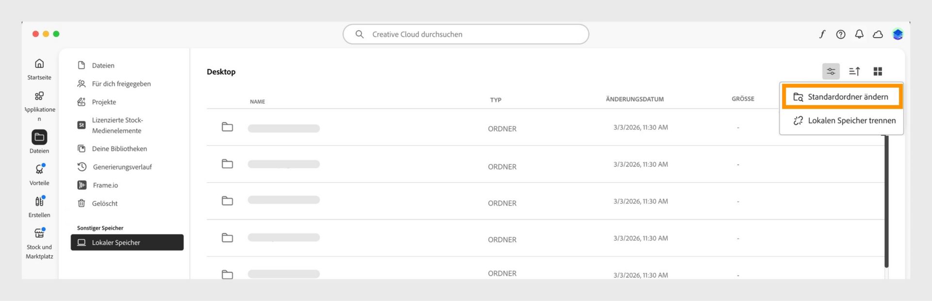 Creative Cloud-Client mit der Ansicht „Lokaler Speicher“, in der die Menüoption zum Ändern des Standardordners hervorgehoben ist.