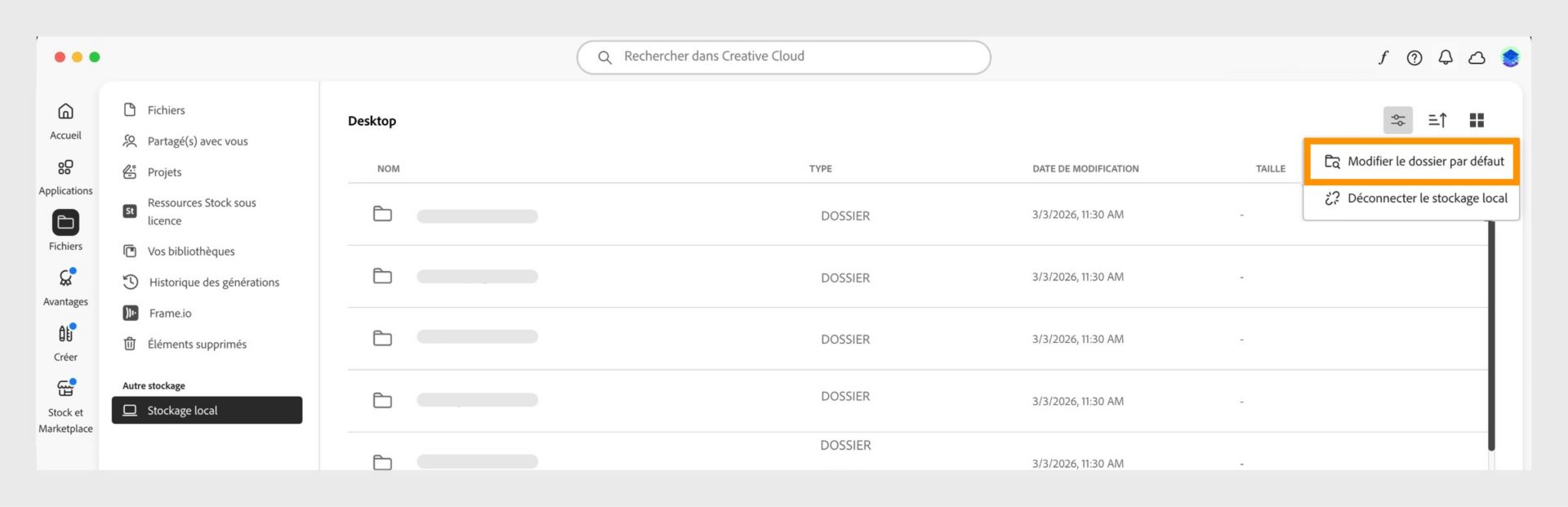 Application Creative Cloud affichant la vue Stockage local avec l’option de menu mise en évidence pour modifier le dossier par défaut.
