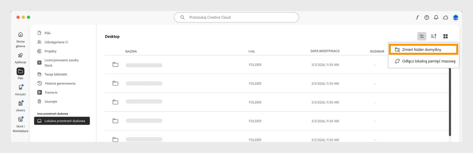 Aplikacja komputerowa Creative Cloud z widokiem pamięci lokalnej i wyróżnioną opcją menu umożliwiającą zmianę foldera domyślnego.