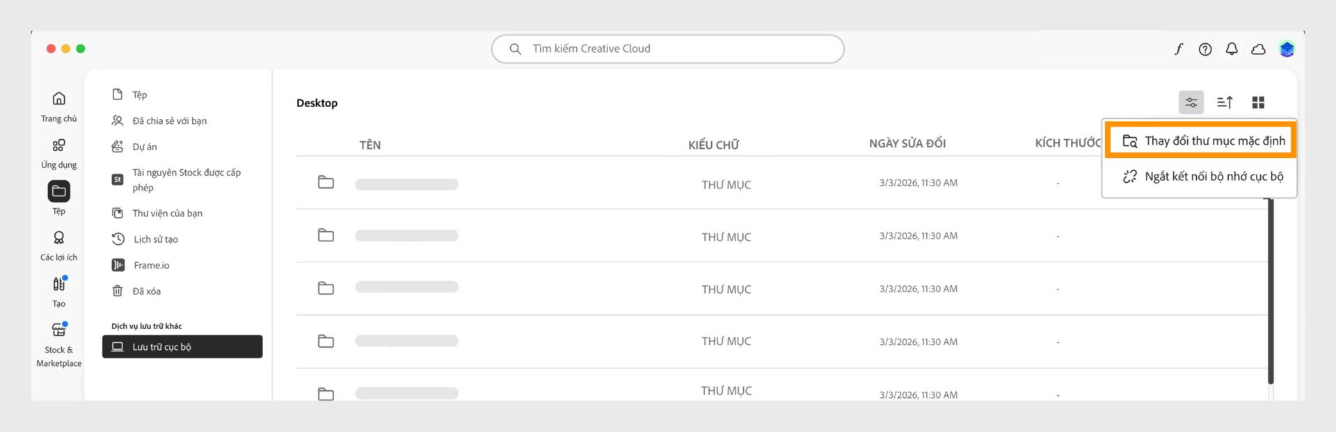 Ứng dụng Creative Cloud cho máy tính để bàn hiển thị giao diện Bộ nhớ cục bộ với tùy chọn menu được tô sáng để thay đổi thư mục mặc định.