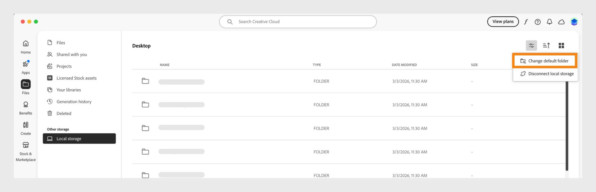 Настолното приложение Creative Cloud показва изгледа на локалното съхранение с открояната опция от менюто за промяна на папката по подразбиране.