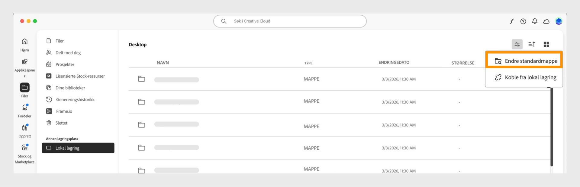 Creative Cloud-app som viser visningen Lokal lagring med menyalternativet uthevet for å endre standardmappen.