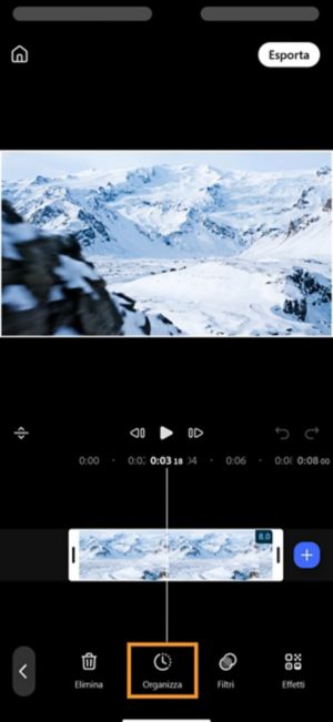 Opzioni Velocità e Freeze mostrate dopo aver toccato Retime, con Velocità evidenziata.