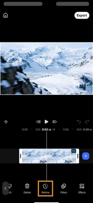 Speed and Freeze options shown after tapping Retime, with Speed highlighted.