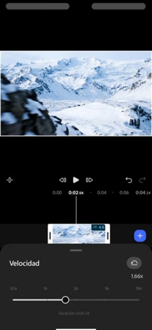 Panel Velocidad con regulador establecido en 1,66x, mostrando la duración del clip reducida de 8,0 a 4,8 segundos.
