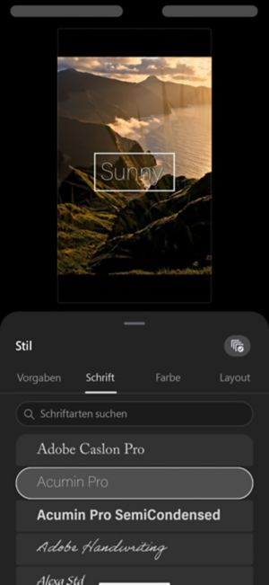 Das Bedienfeld „Stil“ für eine Textebene mit einer durchsuchbaren Font-Liste auf der Registerkarte „Schrift".