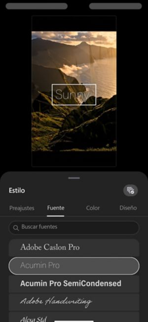 El panel Estilo para una capa de texto, que muestra una lista de fuentes con búsqueda en la pestaña Fuente.