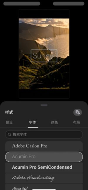 文本图层的样式面板，在字体选项卡中显示可搜索的字体列表。