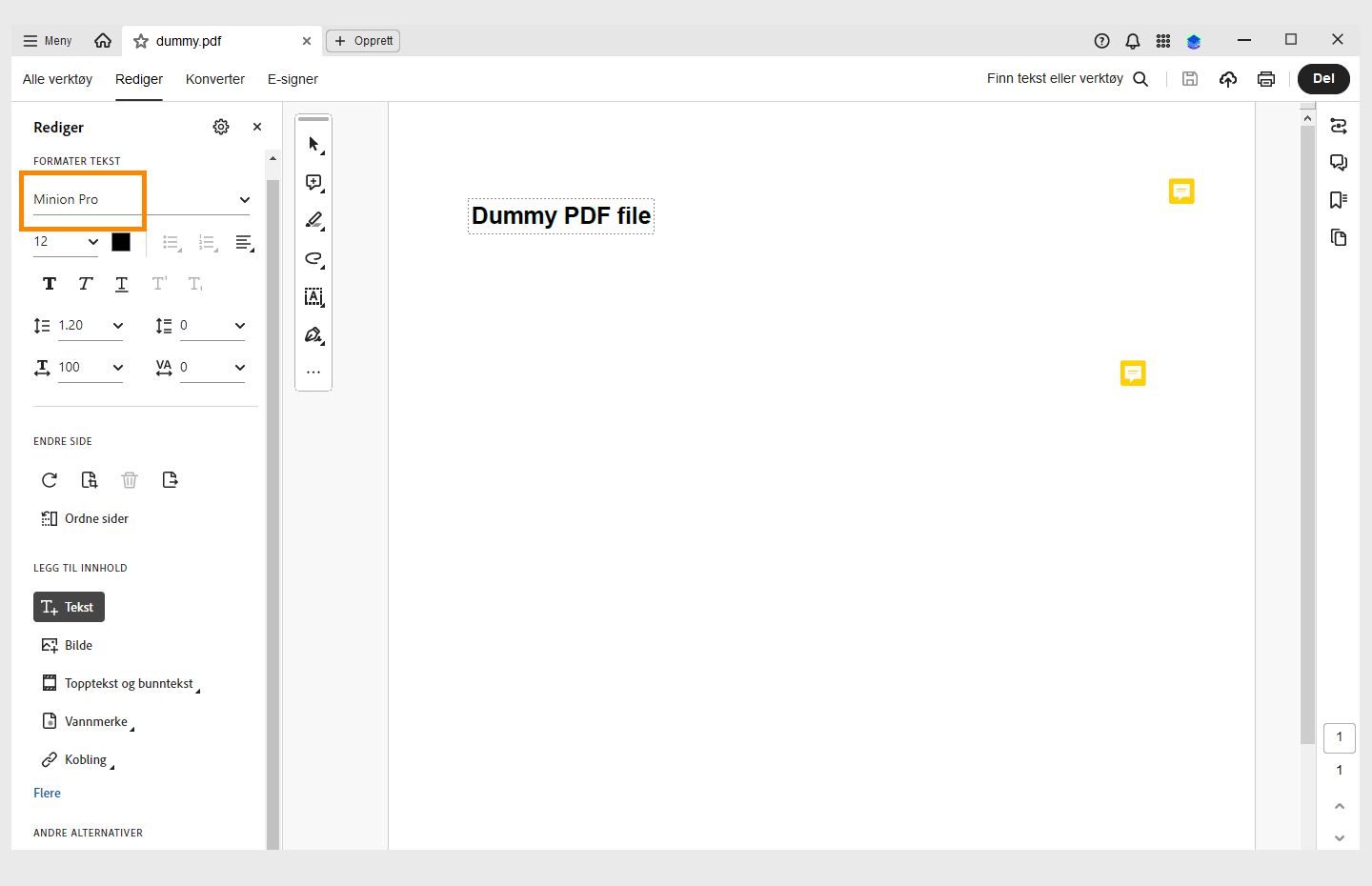 De optie Lettertype is gemarkeerd