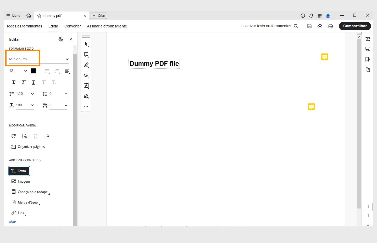 A opção Fonte está destacada