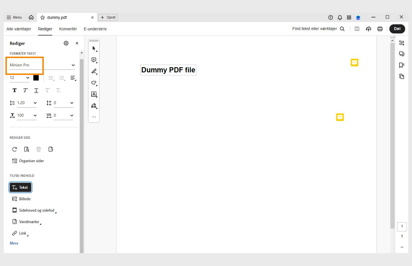 Skrifttypeindstillingen er fremhævet
