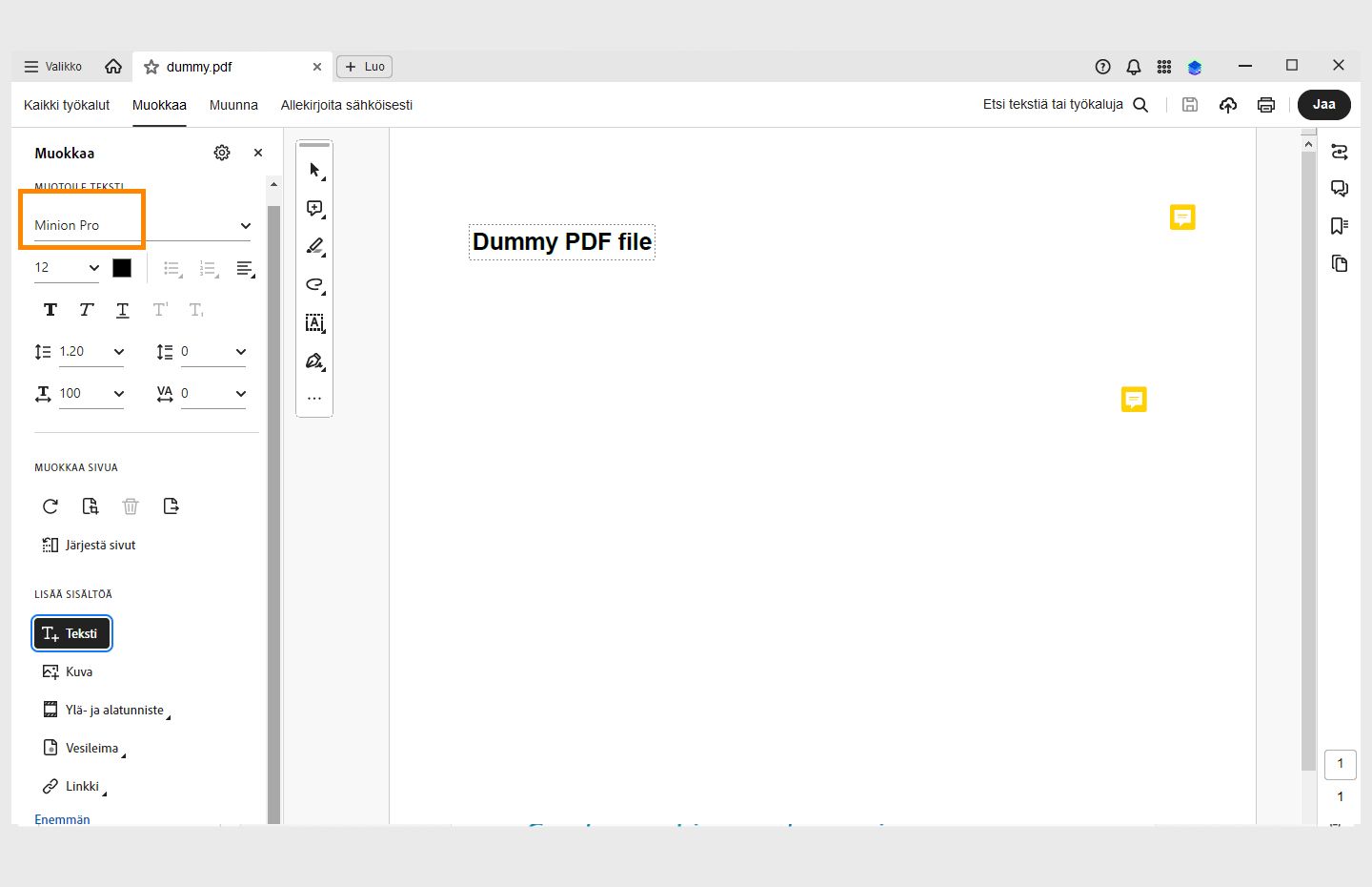 Kirjasin-asetus on korostettu