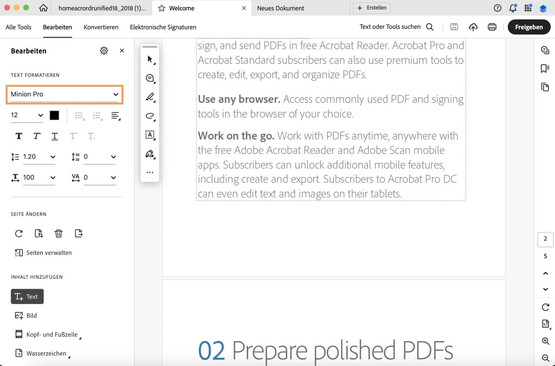 Die Option „Schrift“ ist markiert