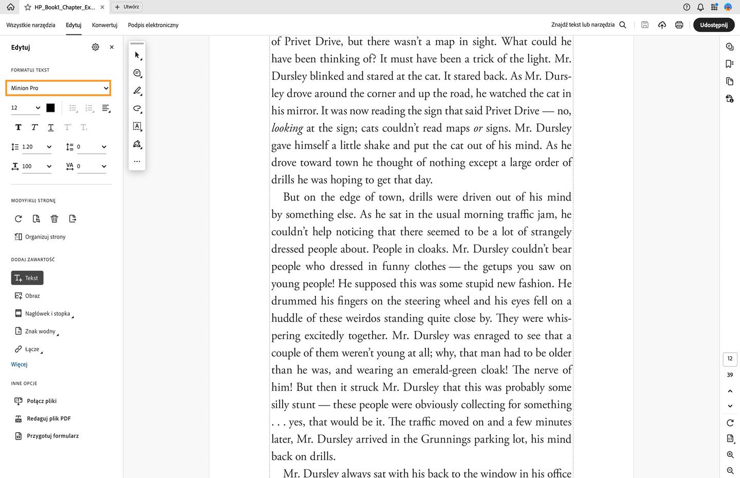 Opcja Czcionka jest podświetlona