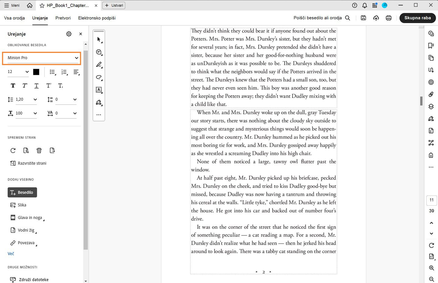 Možnost Pisava je označena