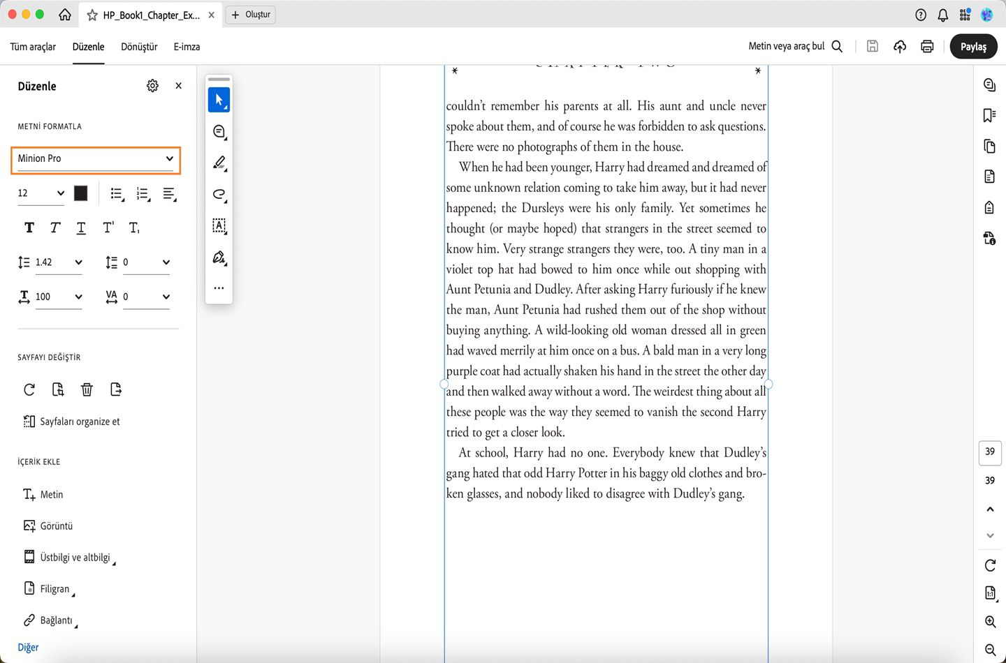 Font seçeneği vurgulanmış