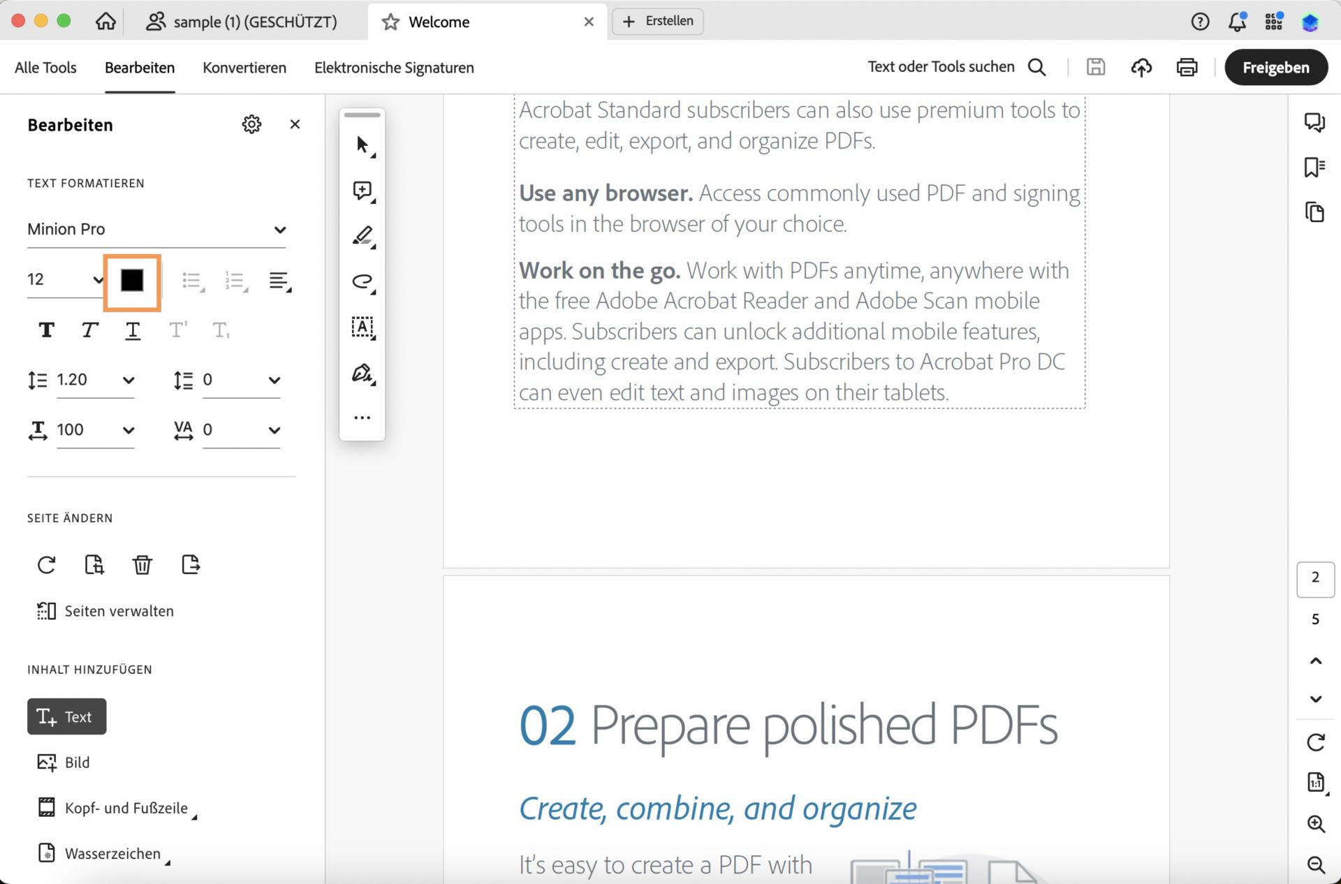 Das Bedienfeld „Bearbeiten“ von Acrobat DC ist hier dargestellt. Die Funktion zum Ändern der Schriftfarbe ist hervorgehoben. 