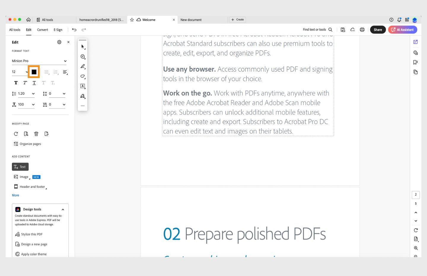 تظهر هنا لوحة Edit في Acrobat DC. وتكون ميزة تغيير لون الخط مميزة. 