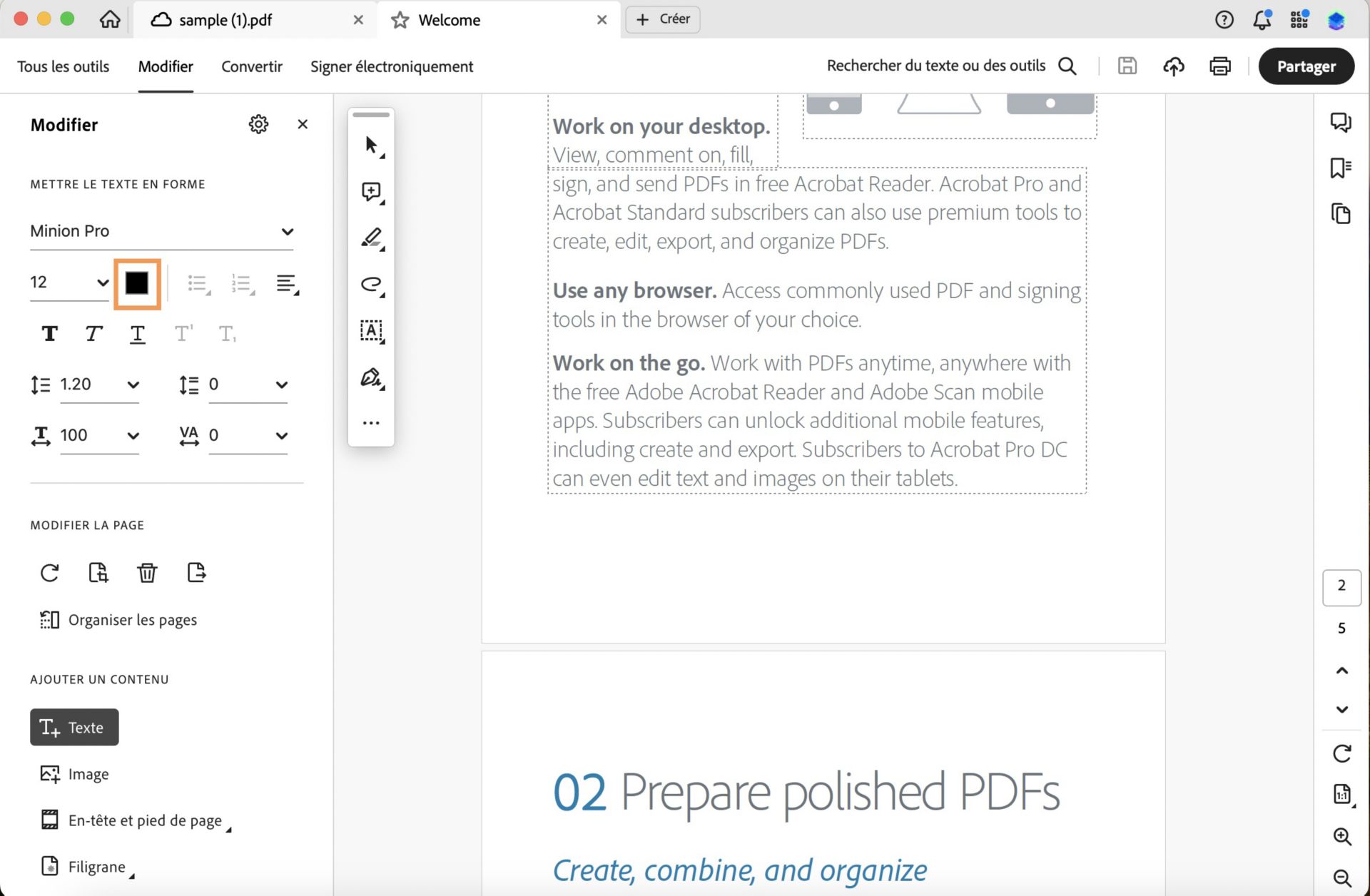 Le panneau Modifier d’Acrobat DC s’affiche ici. L’option de changement de couleur est mise en surbrillance. 