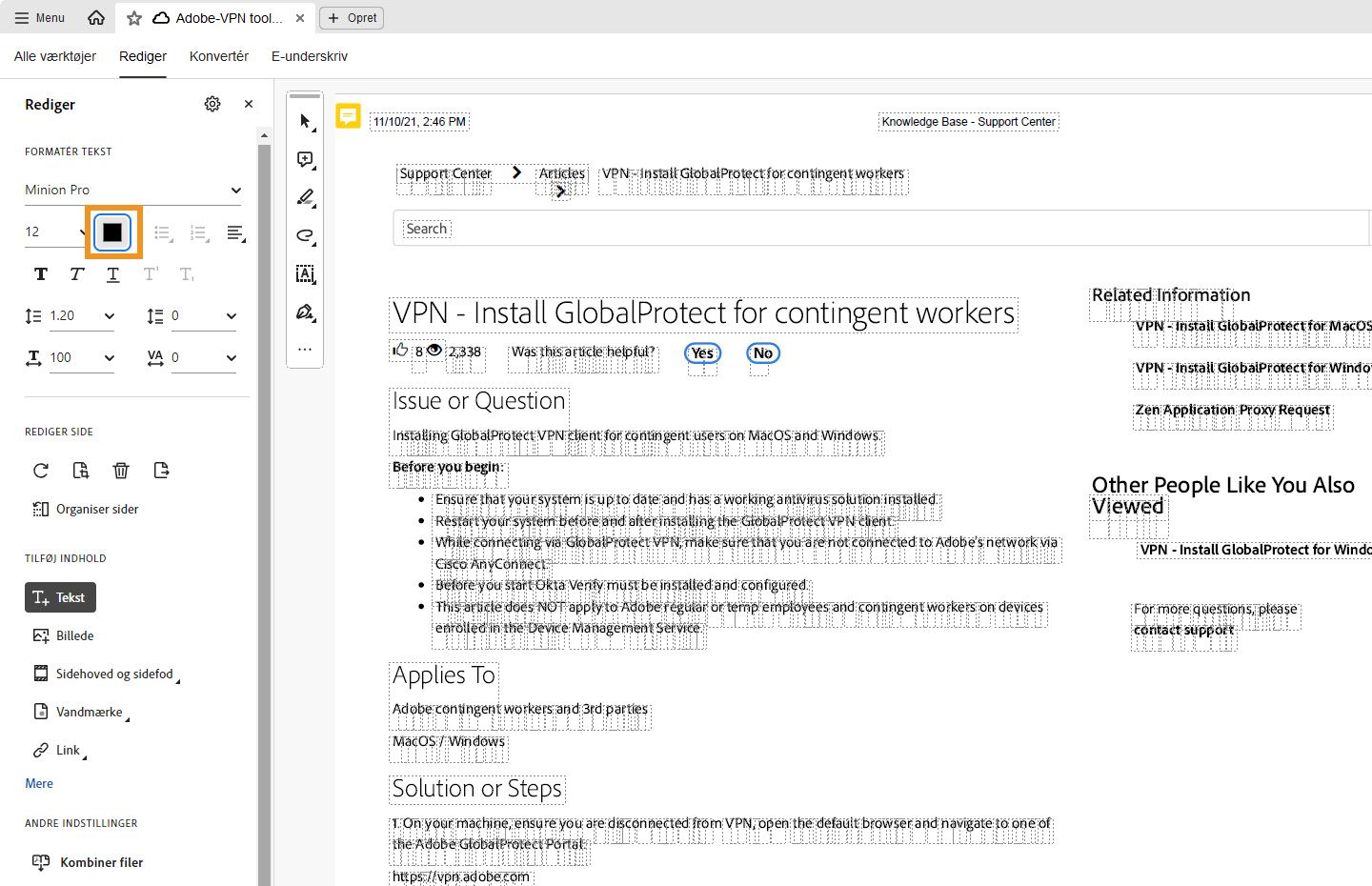 Panelet Rediger i Acrobat DC vises her. Funktionen til ændring af skriftfarve fremhæves. 
