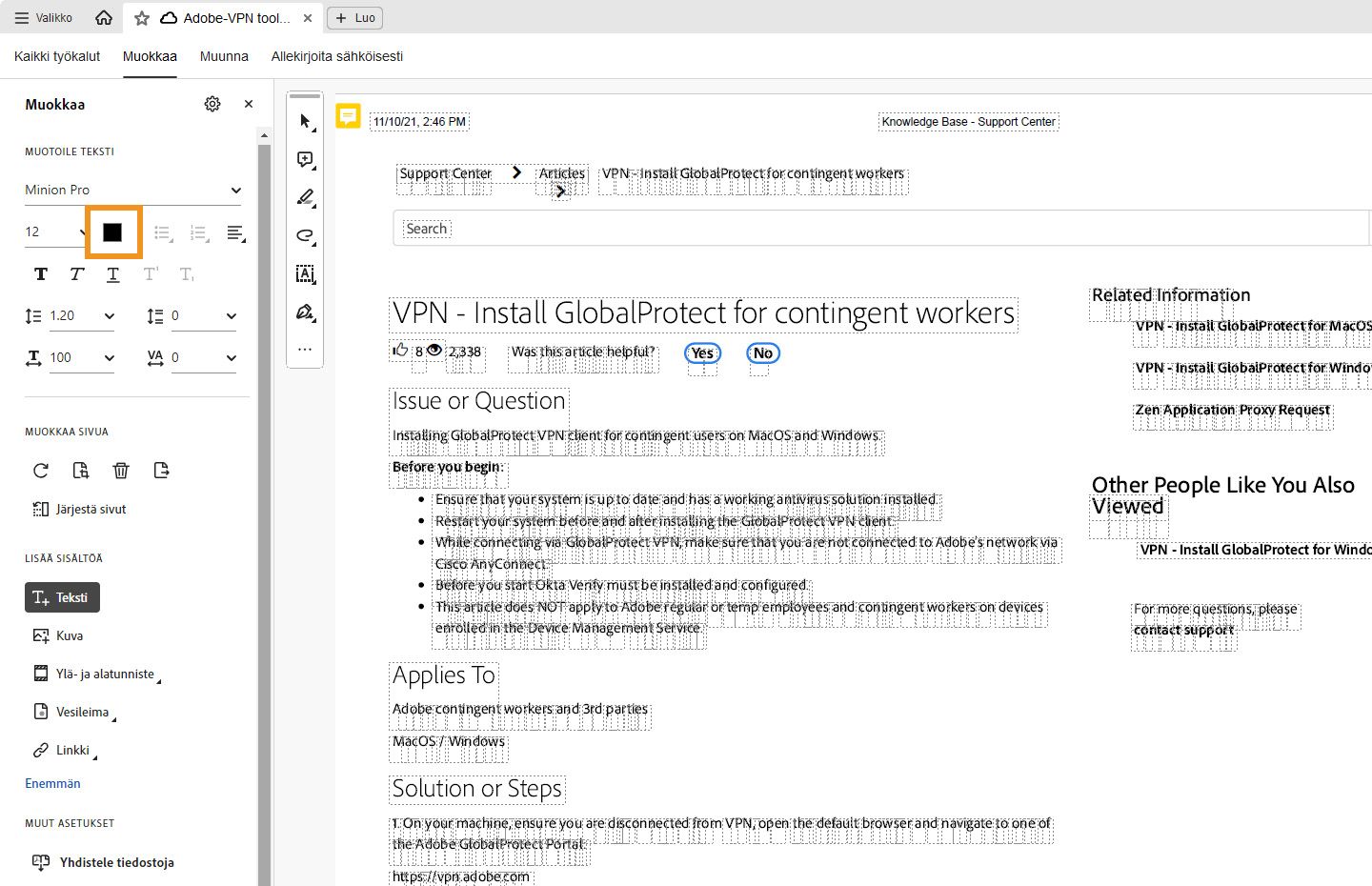 Acrobat DC:n Muokkaa-paneeli näkyy tässä. Fontin värinmuutostoiminto on korostettuna. 