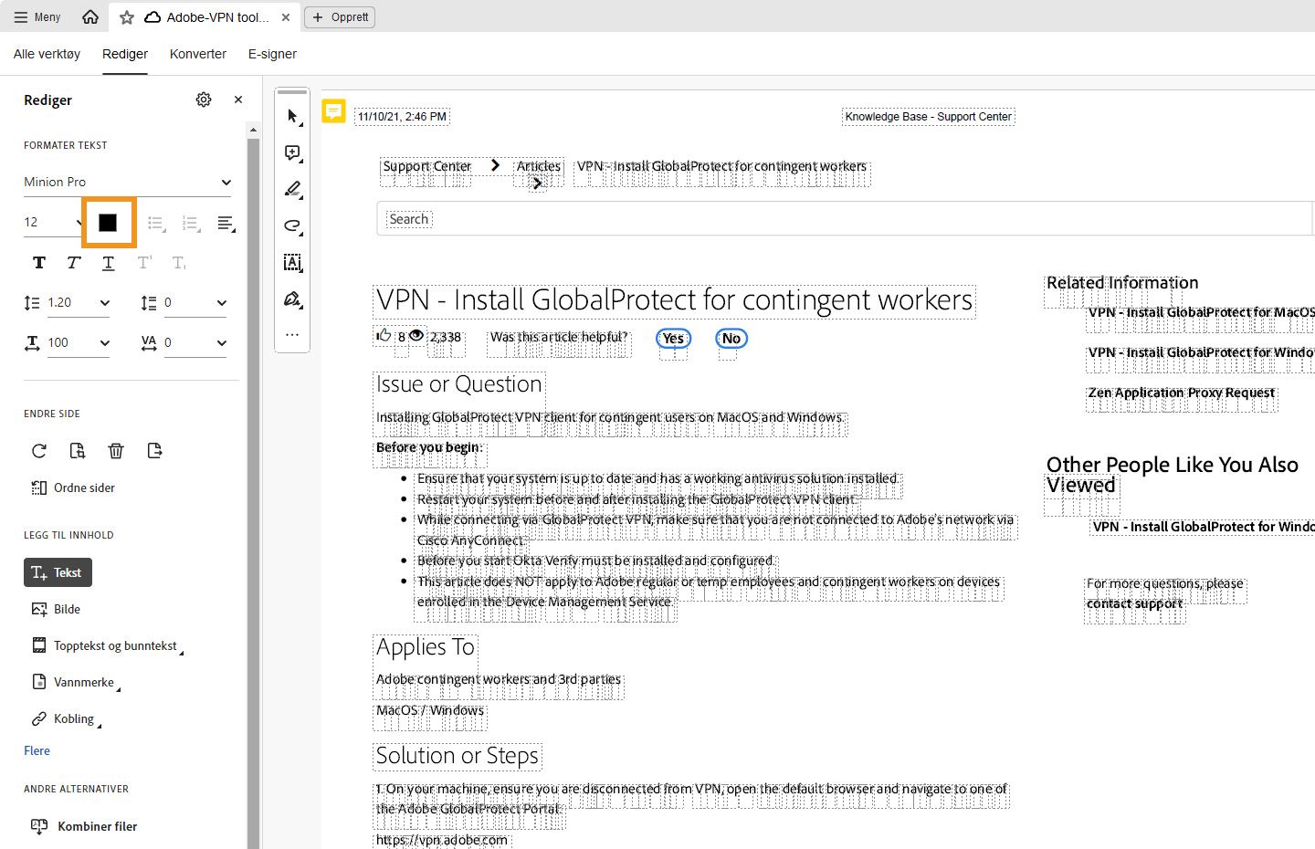 Hier wordt het deelvenster Bewerken van Acrobat DC weergegeven. De functie voor het wijzigen van de letterkleur is gemarkeerd. 