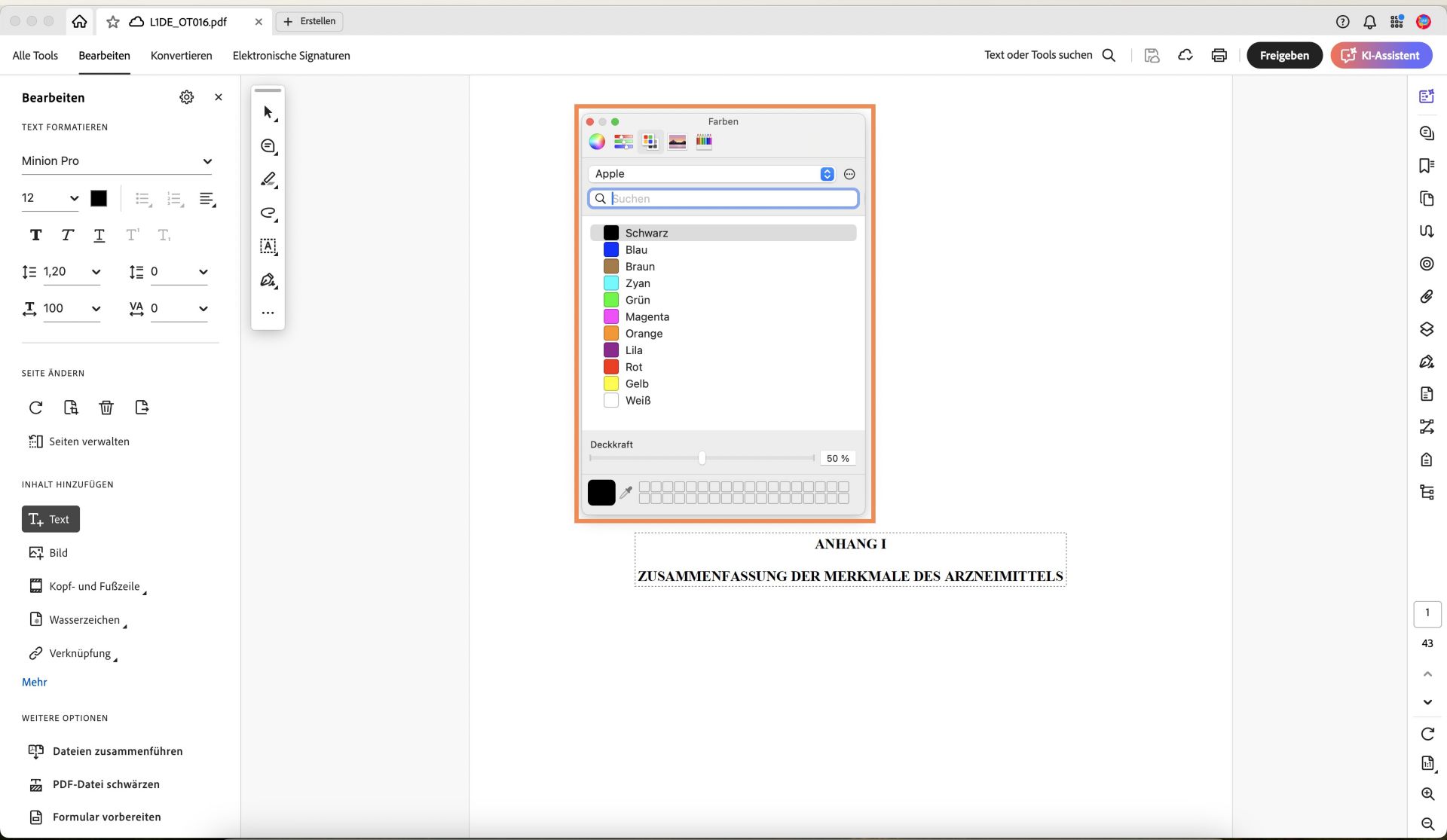 Das Dialogfeld zum Ändern der Schriftfarbe in macOS wird angezeigt