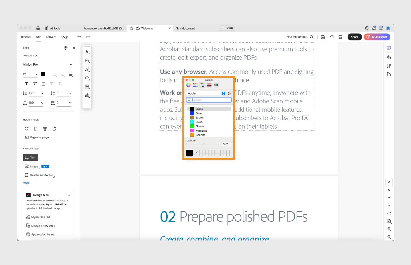 يظهر مربع حوار لون الخط لنظام التشغيل macOS