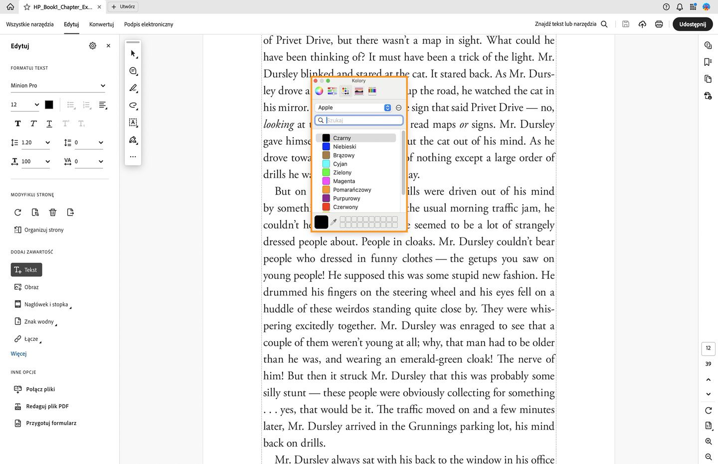 Wyświetlone jest okno dialogowe z kolorami czcionek dla systemu macOS
