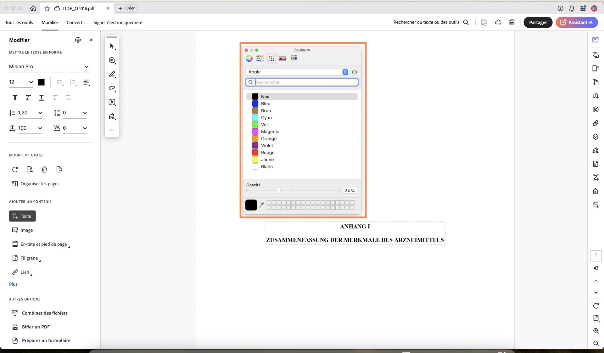 La boîte de dialogue Couleur de police pour macOS s’affiche