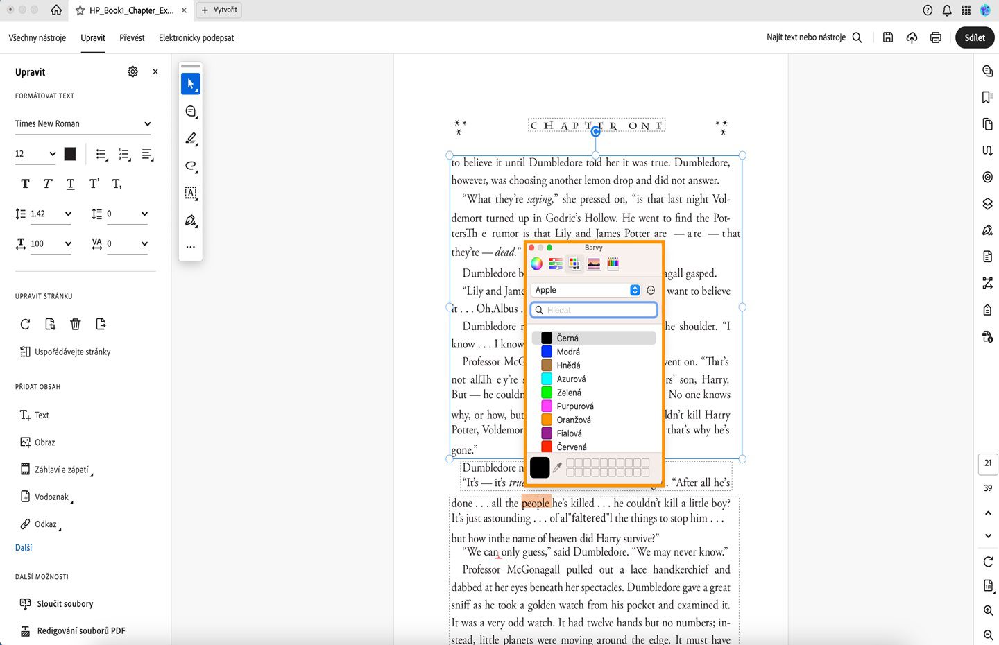Je zobrazeno dialogové okno barvy písma pro systém macOS