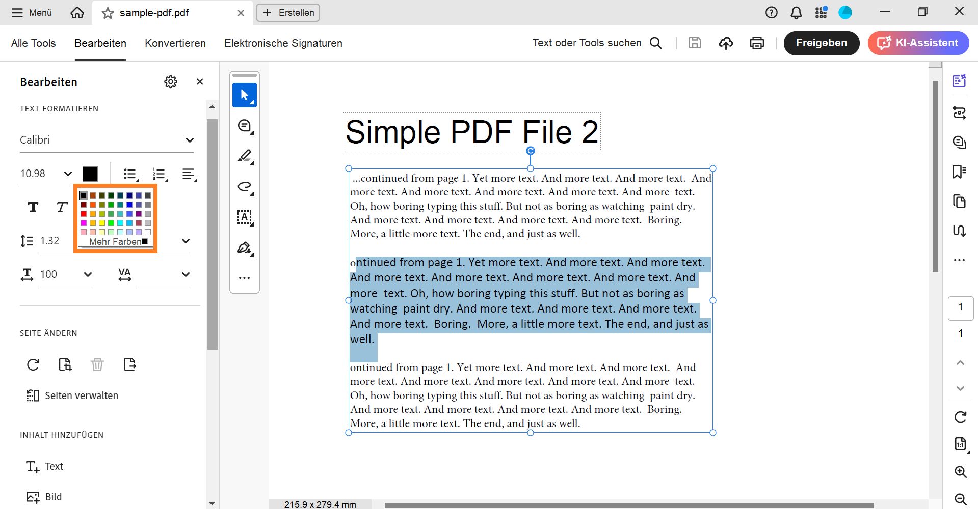 Das Farbfeld zum Ändern der Schriftfarbe in Acrobat unter Windows wird angezeigt. 