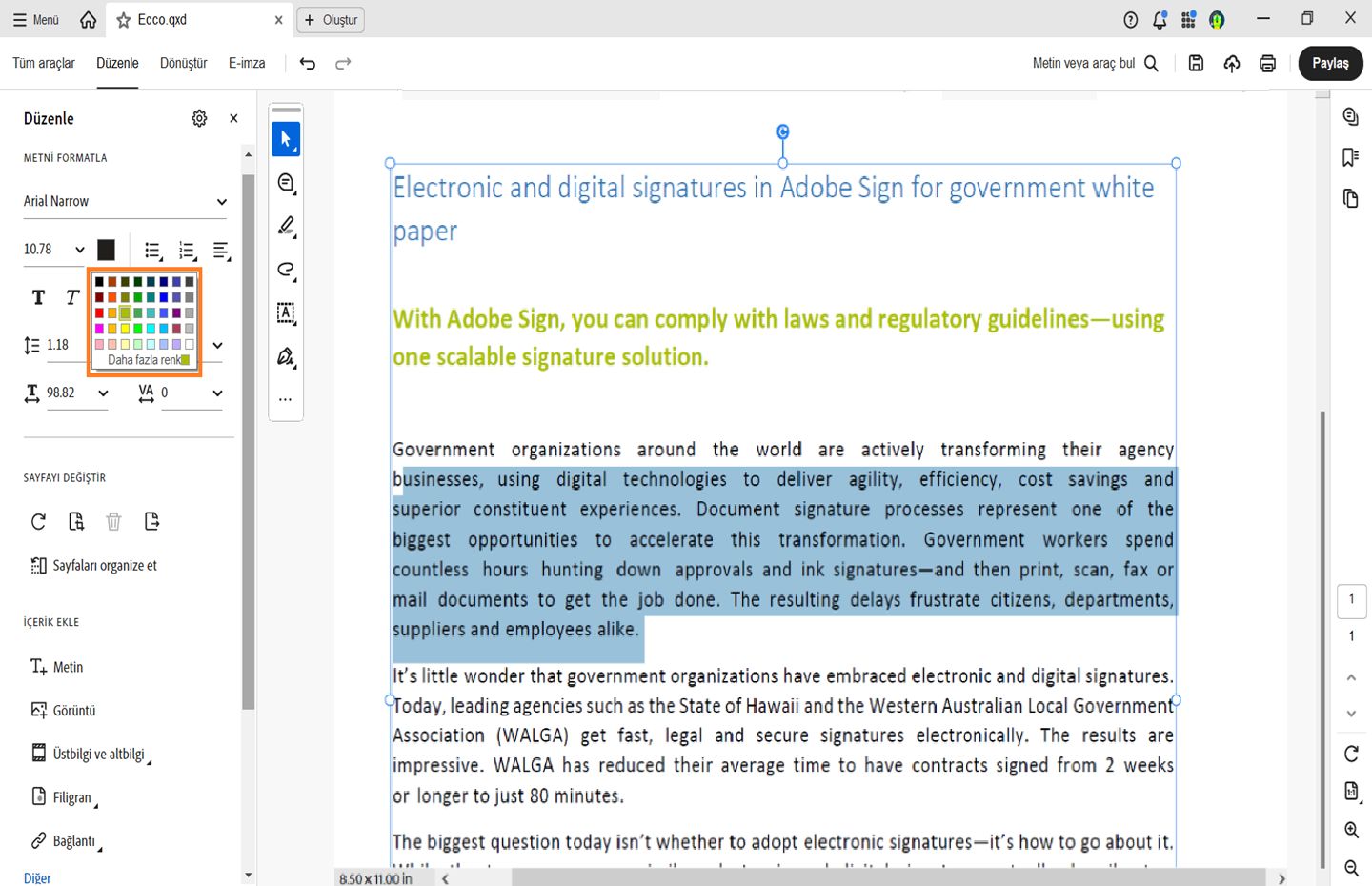 Acrobat windows için font rengini değiştir paneli gösterilir. 