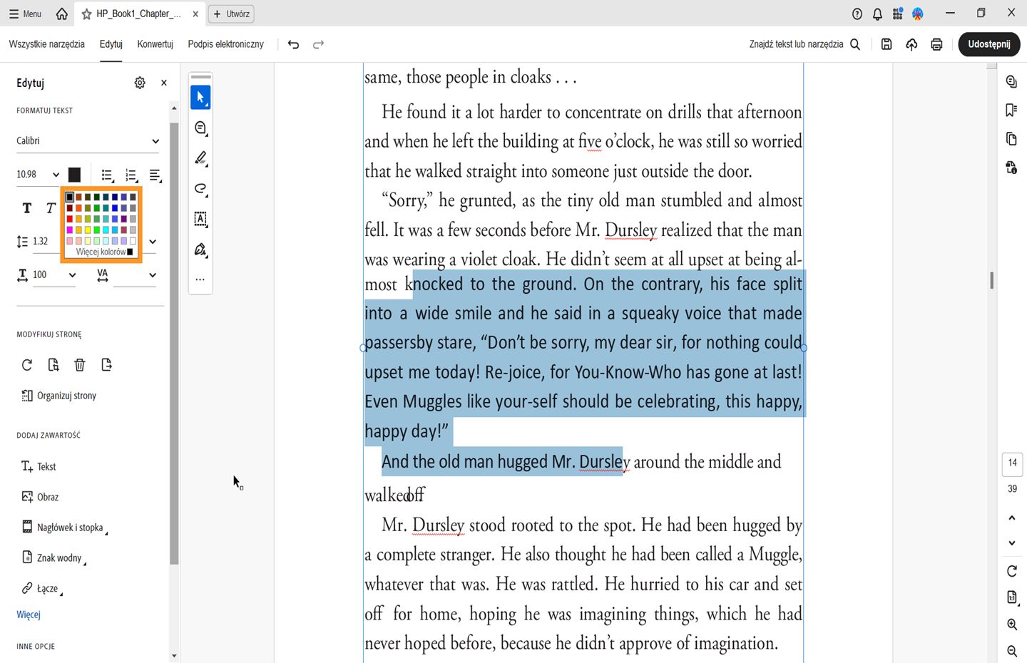 Wyświetlany jest panel zmiany koloru czcionek dla okien programu Acrobat. 