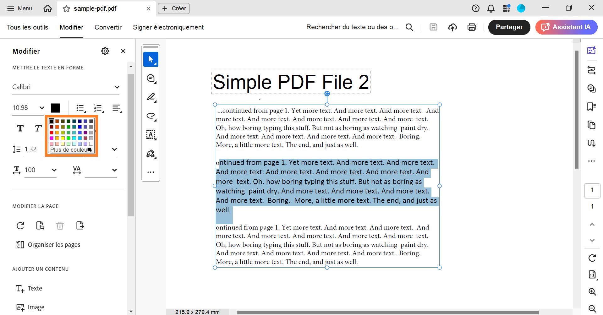 Le panneau de modification de la couleur de la police pour les fenêtres Acrobat s’affiche. 