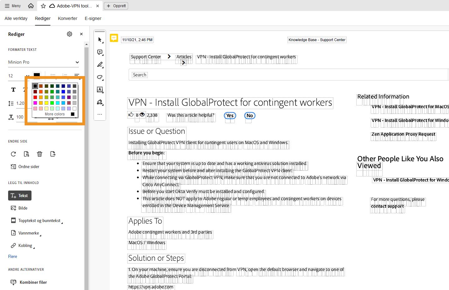 Endring av skriftfarge-panel for Acrobat-vinduer vises. 