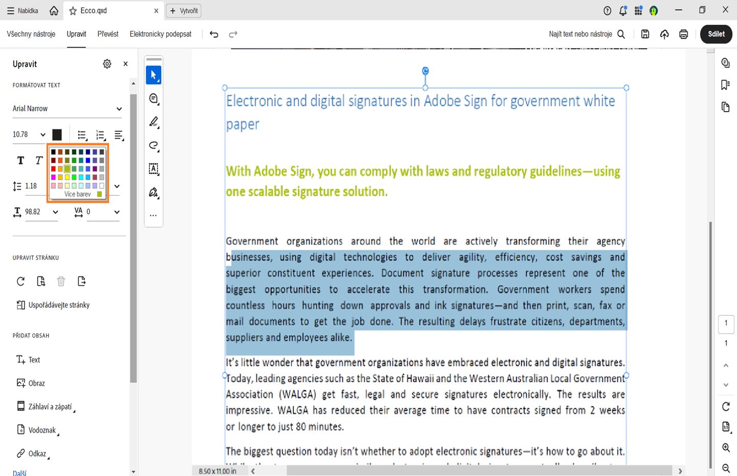 Je zobrazen panel pro změnu barvy písma v aplikaci Acrobat pro systém Windows. 