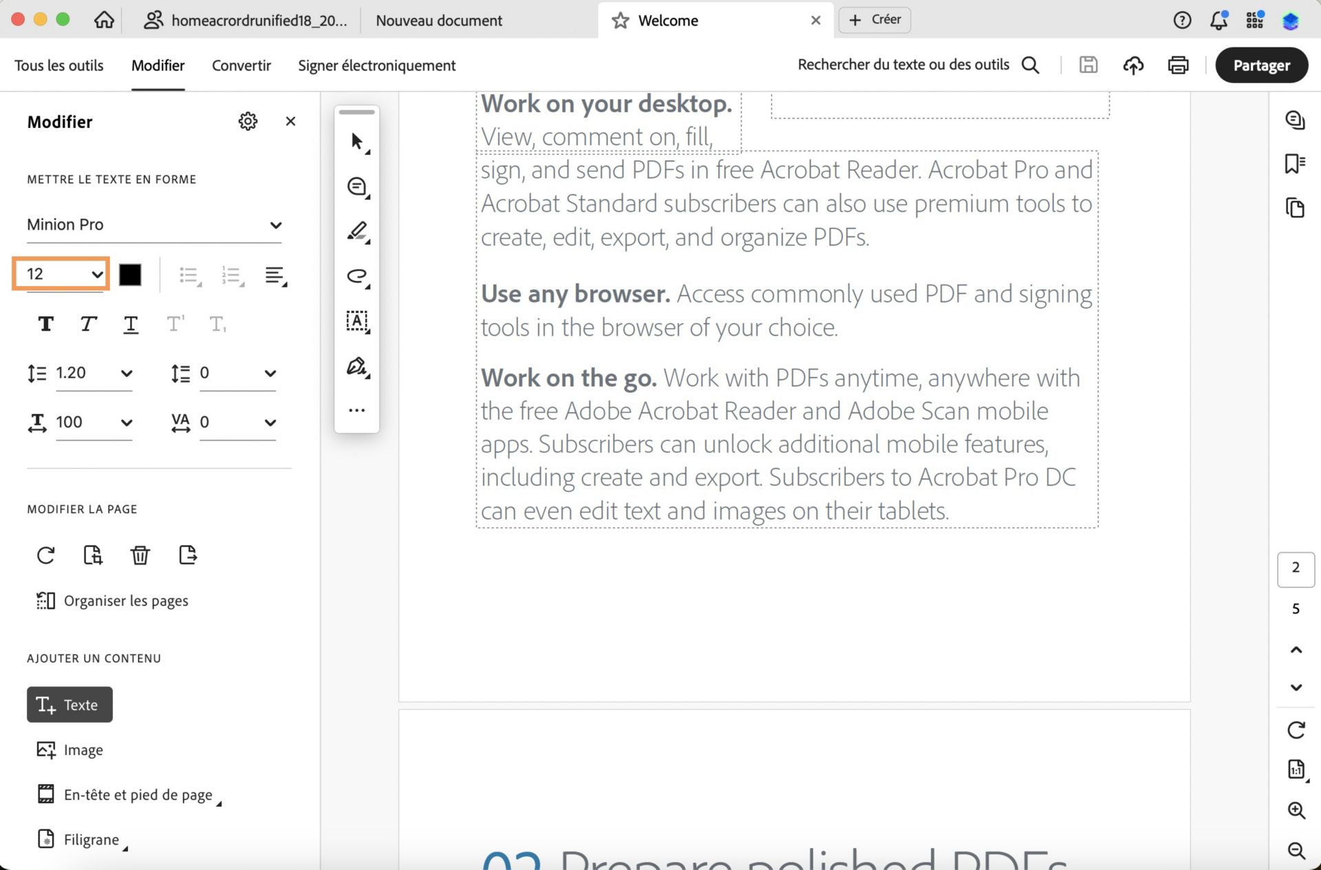 Le menu déroulant de Taille de police est mis en surbrillance dans Acrobat pour poste de travail.