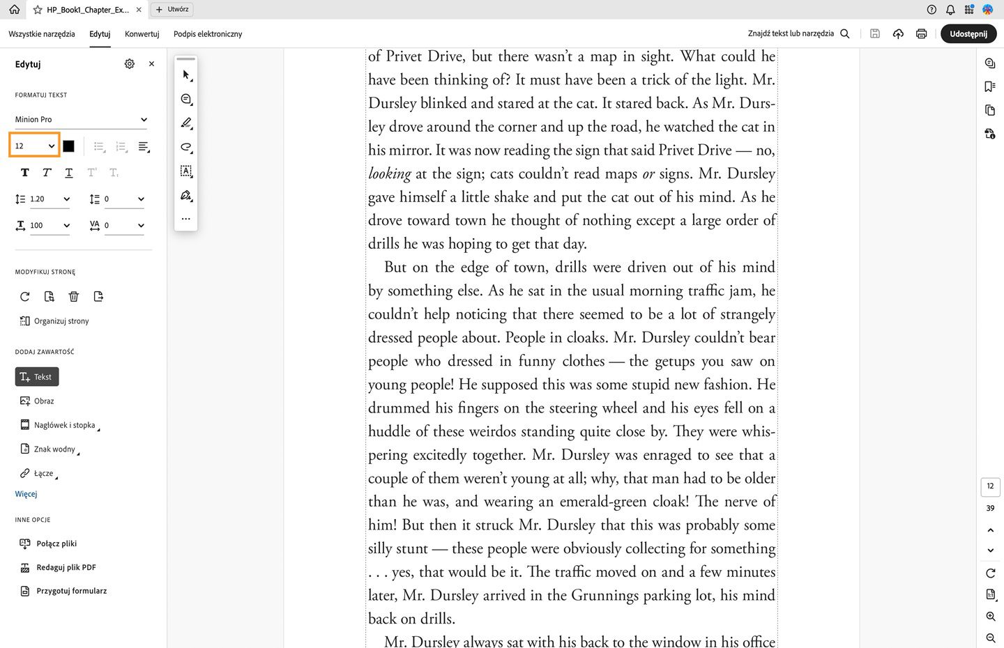 Menu rozwijane Rozmiar czcionki podświetlone w aplikacji komputerowej Acrobat