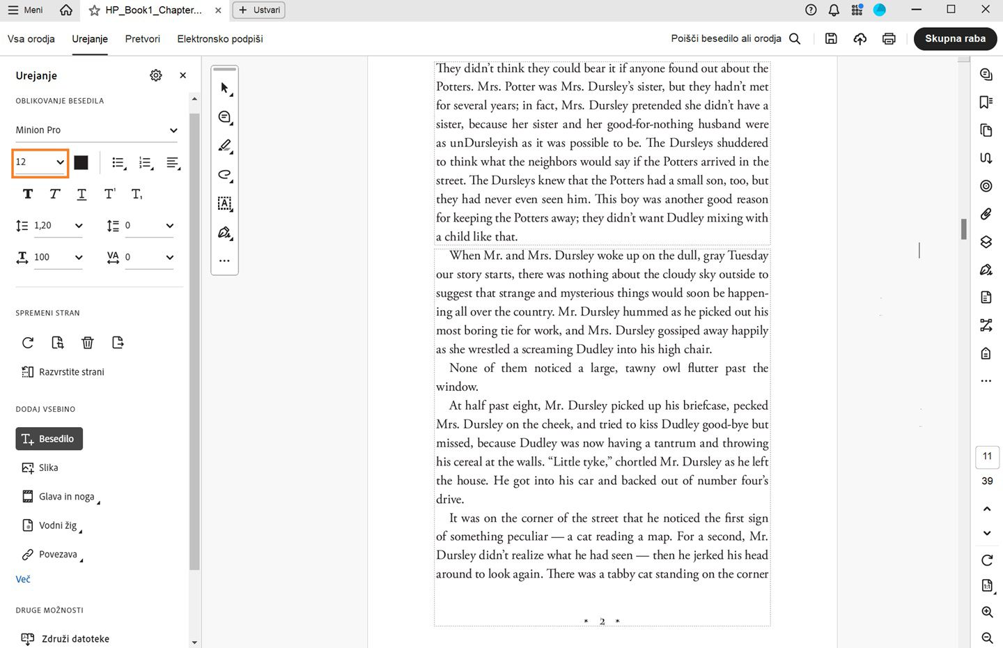 V programu Acrobatu za namizne računalnike je označen spustni meni Velikost pisave