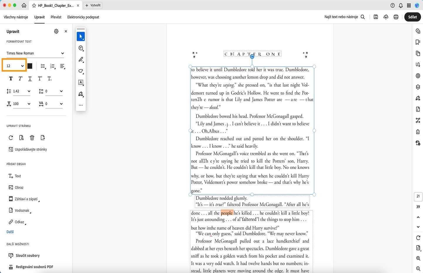 Rozbalovací nabídka Velikost písma je zvýrazněna v aplikaci Acrobat pro počítače