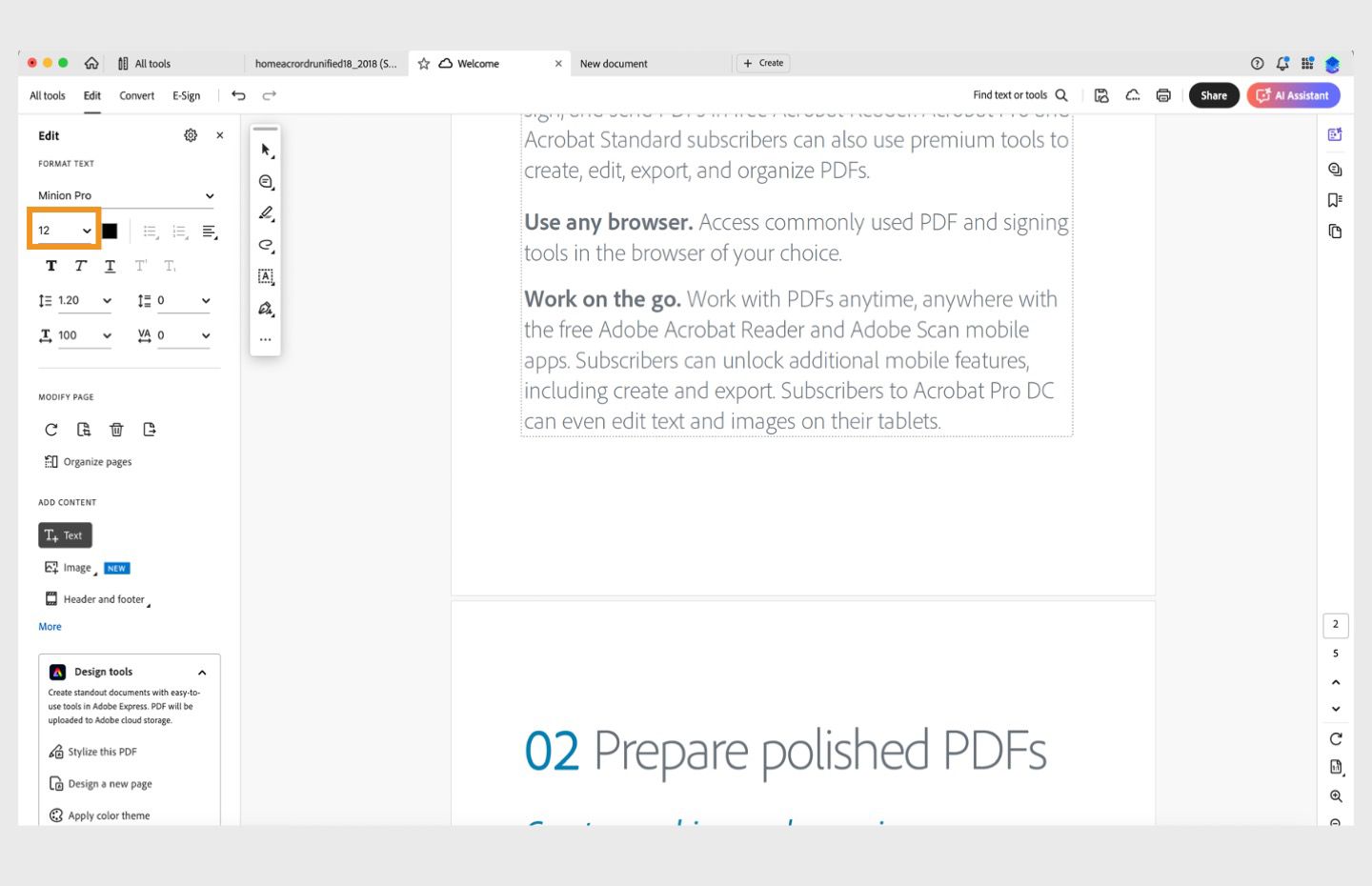 תפריט הגלילה של גודל הגופן מסומן ב-Acrobat Desktop