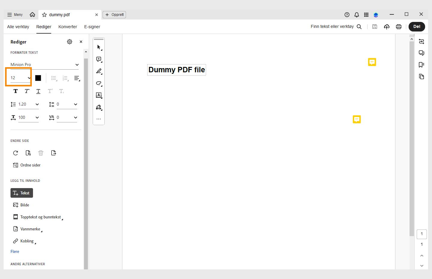 Het vervolgkeuzemenu Lettergrootte is gemarkeerd in Acrobat Desktop