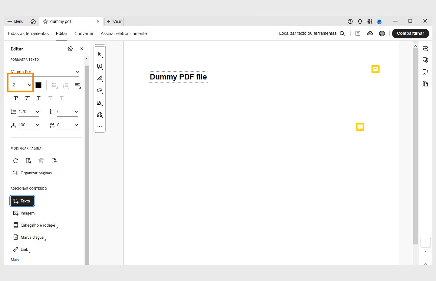 O menu suspenso de tamanho de fonte está destacado no Acrobat para desktop